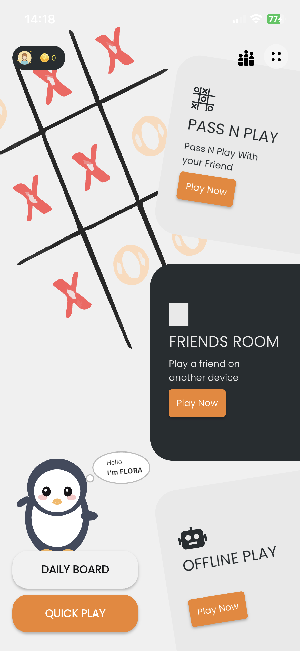 Xo Arena home screen with pass and play, friends room, and offline play